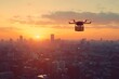 © Bussakon - Drone Carrying Parcel Box Over Cityscape At Sunset Representing Future Of Urban Deliveries
