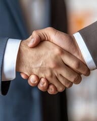 handshake between two professionals with suits in an office setting.