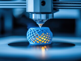 a 3D printer creating intricate blue design on a white background.