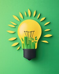 Creative light bulb concept representing sustainability and eco-friendly ideas, on a vibrant green background.