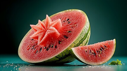 Mesmerizing cross section view of a watermelon revealing a stunningly symmetrical star shaped pattern formed by the vibrant seeds within the juicy fresh fruit