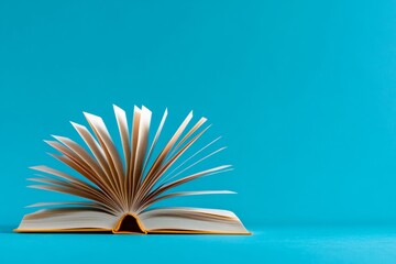 Book is laid open on a blue surface, with the pages spread wide open. blue background contrasts with the white pages of book, creating a sense of calm. The open book invites the viewer to explore