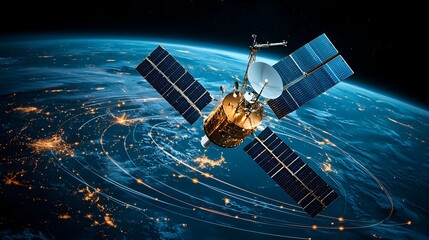 Fototapete - A futuristic 3D rendering of a glowing mesh satellite orbiting the Earth surrounded by dynamic data streams and digital networks