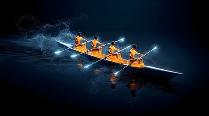 Leinwandbilder - A group of rowers paddling in perfect unison their movements creating captivating waves of glowing energy that flow through the digital environment