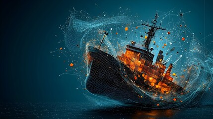 Wall Mural - a striking digital depicting a mesh outline of a cargo ship with glowing luminous containers floatin
