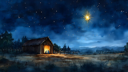a watercolor rendering of the nativity with a focus on the star of bethlehem, its light softly sprea