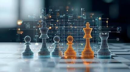 Poster - Captivating 3D render of glowing mesh chess pieces engaged in dynamic strategic gameplay representing the intellectual challenge and competition of the classic board game