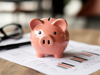 Piggy bank on a financial document, symbolizing saving and budgeting.