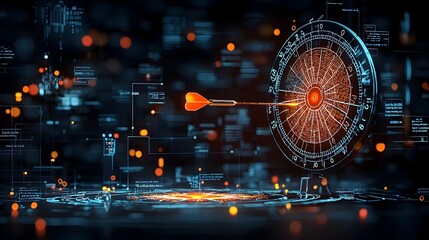 Aufkleber - Captivating image of glowing mesh darts mid flight propelled towards a luminous geometric dartboard in a dynamic futuristic setting  The striking visual conveys a sense of energy precision