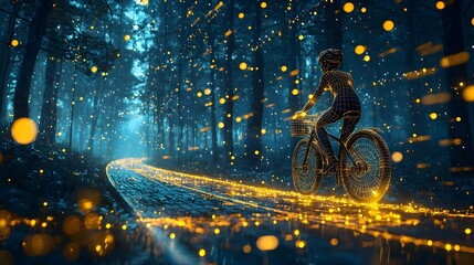 Aufkleber - Cyclist Riding Along Glowing Pathway Through Enchanting Forest Landscape   Futuristic Digital of Person Cycling on Illuminated Trail in Nature