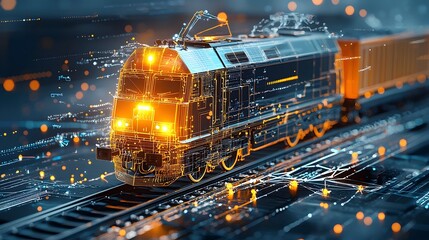 Wall Mural - Digitally rendered image of a freight train with glowing mesh lines and illuminated cargo rails and futuristic transportation technology