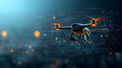 Leinwandbilder - drone delivering packages with glowing signals on a dynamic mesh line network depicting the future o