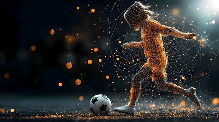 Poster - Dynamic and futuristic digital artwork depicting a glowing mesh figure kicking a soccer ball with vibrant digital arcs tracing the fluid motion of the ball