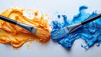 Two paintbrushes with yellow and blue paint splattered on a white background.