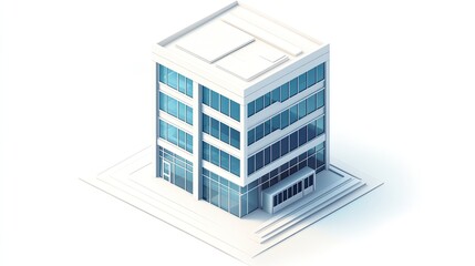 A crisp isometric vector of a corporate office building with clean lines and minimal shading, set against a white background