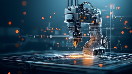 Fototapete - Futuristic digital image depicting glowing mesh lines creating a 3D printer in the process of printing an object representing innovative technology and manufacturing