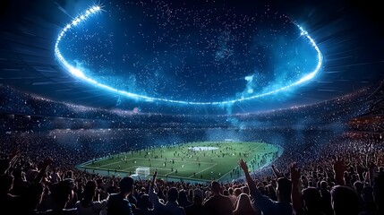 Poster - Futuristic digital rendering of a football stadium illuminated with glowing interactive light trails that visualize the movement and energy of the crowd in a dynamic technologically advanced way