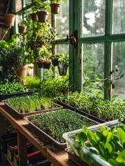 Aufkleber - In a cozy greenhouse, various trays of vibrant microgreens grow under natural light, creating an inviting and productive atmosphere. Generative AI