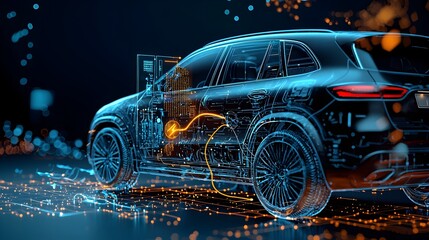 Aufkleber - Futuristic electric vehicle charging station with glowing digital energy streams flowing through a sleek mesh like structure  The image represents the concept of sustainable