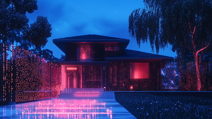 Poster - A stunning modern house illuminated with vibrant neon colors at night showcasing a unique architectural design and captivating atmosphere
