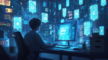 Fototapete - Innovative professional engaging with advanced digital interfaces and data analytics in a high-tech workspace environment