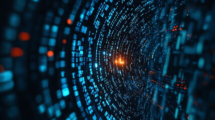 Leinwandbilder - Exploring the depths of an abstract digital tunnel illuminated by glowing lights and dynamic data patterns for futuristic visualization