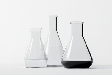 Three glass beakers, one of which is black, sit on a white background. beakers are all clear and filled with liquid, but black one stands out as most prominent. Concept of scientific experimentation