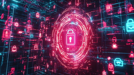 Leinwandbilder - Exploring the significance of a digital lock icon surrounded by glowing cyber patterns in modern cybersecurity systems