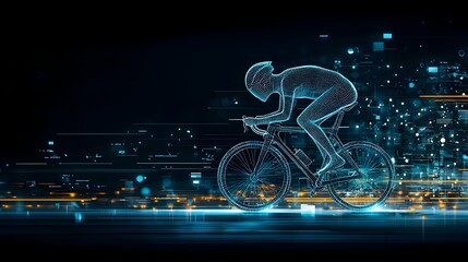 Aufkleber - Futuristic mesh cyclist gliding along a luminous light trail through a dynamic neon lit cityscape at night  The figure appears to be moving with speed and energy