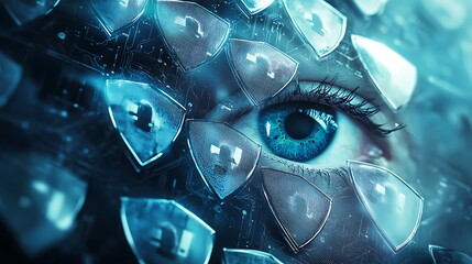 Poster - Innovative eye technology concept depicting virtual security shields enhancing privacy and surveillance in a digital world