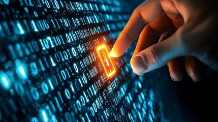 Aufkleber - Engaging with digital transformation a finger activating a key in a sea of binary data illustrating technology's impact