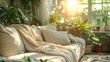 © Kharismafajar - A cozy living room with a couch, throw blanket, and pillows bathed in sunlight. The room is decorated with various houseplants, creating a lush and inviting atmosphere.