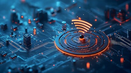 Fototapete - Glowing and dynamic mesh Wi Fi symbol with vibrant energy waves radiating outward representing the power and connectivity of modern digital networks and communication technologies