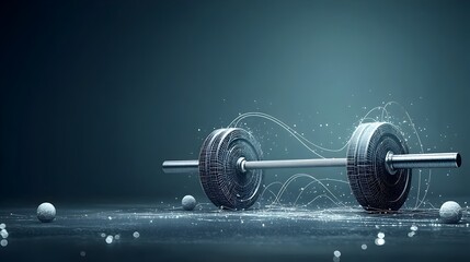 Fototapete - Glowing futuristic looking mesh of a gym weightlifting barbell mid lift with light trails forming dynamic arcs of energy and motion around the equipment