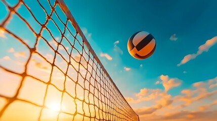 Leinwandbilder - Glowing luminous volleyball net with light trails and a ball suspended above it against a vibrant sunset sky  Dynamic modern and futuristic sports landscape