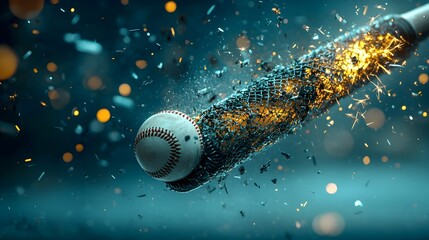 Poster - Glowing mesh baseball bat hitting a ball surrounded by dynamic sparks and luminous trails creating an energetic and futuristic sports scene