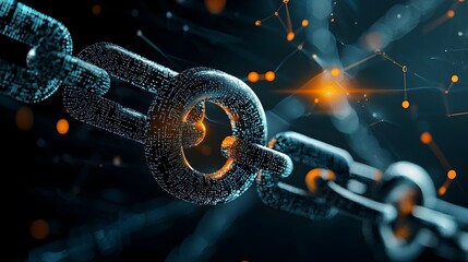 Leinwandbilder - Glowing mesh blockchain chains seamlessly linked together with dynamic moving data particles symbolizing the innovative and transformative nature of modern digital technology and finance
