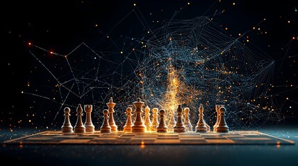 Poster - Glowing mesh chessboard with each chess piece outlined in luminous light patterns creating an abstract futuristic digital design that evokes strategy intellect and visual creativity