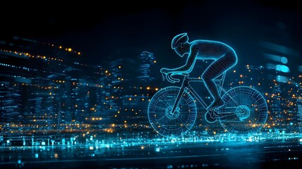 Aufkleber - Glowing Mesh Cyclist Riding a Light Trail Path Through a Futuristic Cityscape at Night  Dynamic high tech and vibrant urban scene with bright neon lights