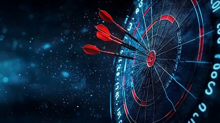 Poster - Glowing mesh darts soaring through the air with dynamic energy heading straight for a radiant illuminated dartboard in a futuristic digital landscape