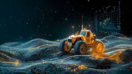 Poster - Glowing mesh lines and patterns depicting an off road vehicle navigating through a futuristic illuminated terrain  The abstract digital composition suggests a sense of and technology driven adventure