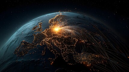 Poster - Glowing mesh light trails visualizing dynamic paths and flow of movement across international borders