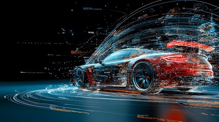 Aufkleber - Glowing mesh lines creating a dynamic futuristic of a car journey with the vehicle leaving shimmering light trails behind it as it travels down an imaginary abstract path