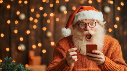 Santa amazed, phone in hand, amidst festive orange lights.