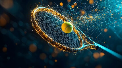 Poster - Glowing mesh lines forming a dynamic tennis racket with a ball in mid swing creating a futuristic and digital sports equipment