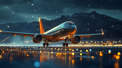 Aufkleber - Glowing mesh lines forming an airport runway with illuminated airplanes taking off in a futuristic digital and technologically advanced setting