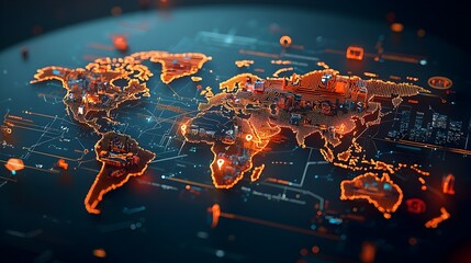 Fototapete - Glowing mesh lines illustrating a digital world map with highlighted travel routes landmarks and geographical features  This futuristic abstract visualization represents global connectivity