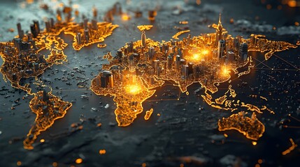 Fototapete - Glowing mesh lines illustrating a world map with highlighted travel routes and notable landmarks representing global the digital age of information technology
