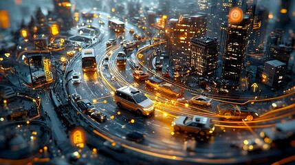 Leinwandbilder - Glowing mesh lines illustrating a network of connected vehicles in a futuristic smart city concept  The image showcases a digital