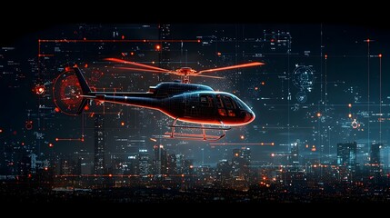 Aufkleber - Glowing mesh lines of a helicopter silhouette flying over a futuristic illuminated cityscape at night  Geometric abstract urban landscape with a modern technological atmosphere